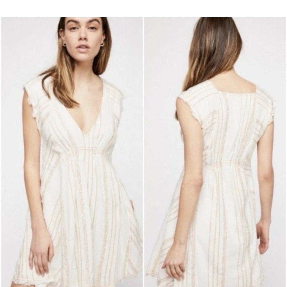 Free People Beige Cactus Flowers Mini Dress V-Neck Frayed Ruched  M Ivory